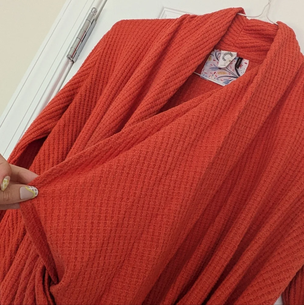 Anthropologie Orange Waffle Knit Crossbody Wrap Sweater Sz S - Picture 9 of 12